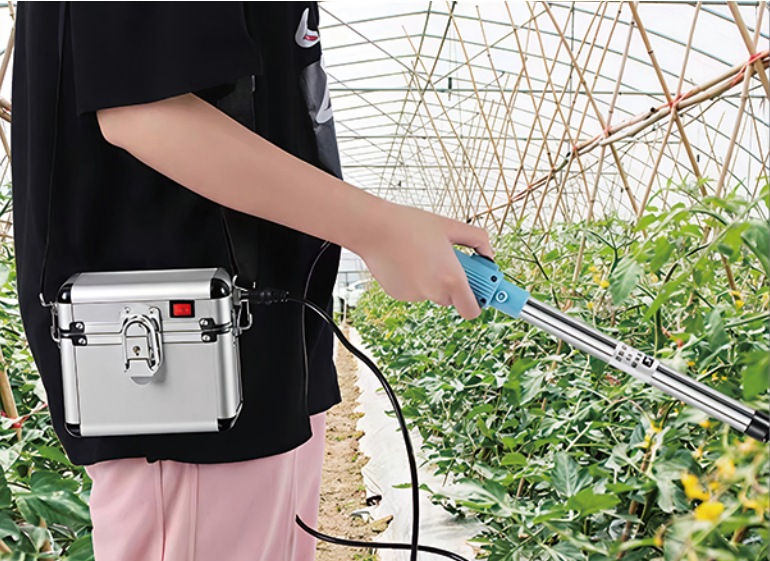 SOROB EPT-100 electric tomato pollinator greenhouse operation with portable aluminum power case