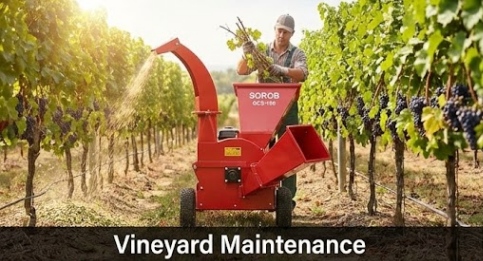 Mobile gasoline wood chipper moving between orchard rows